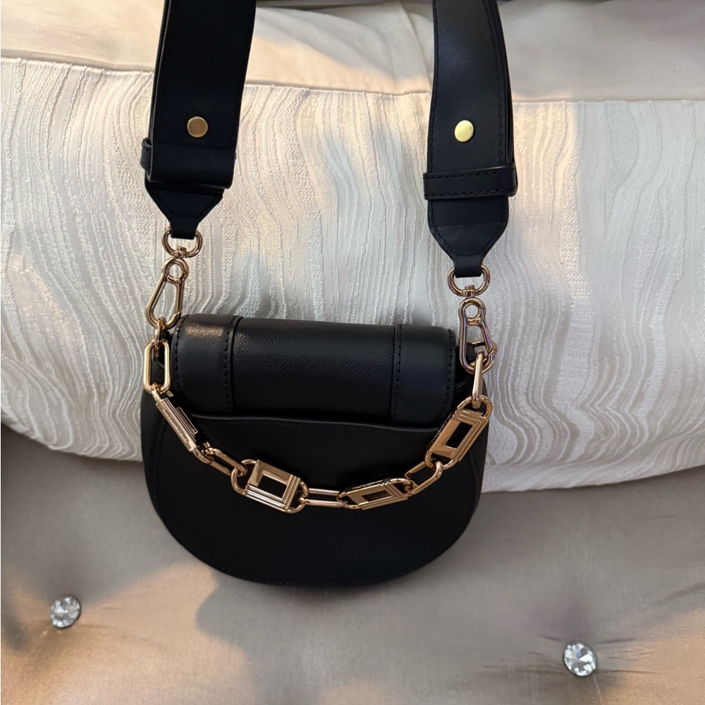 Karl Lagerfeld Black Leather Saddle Crossbody with Gold Hardware - Picture 4 of 5